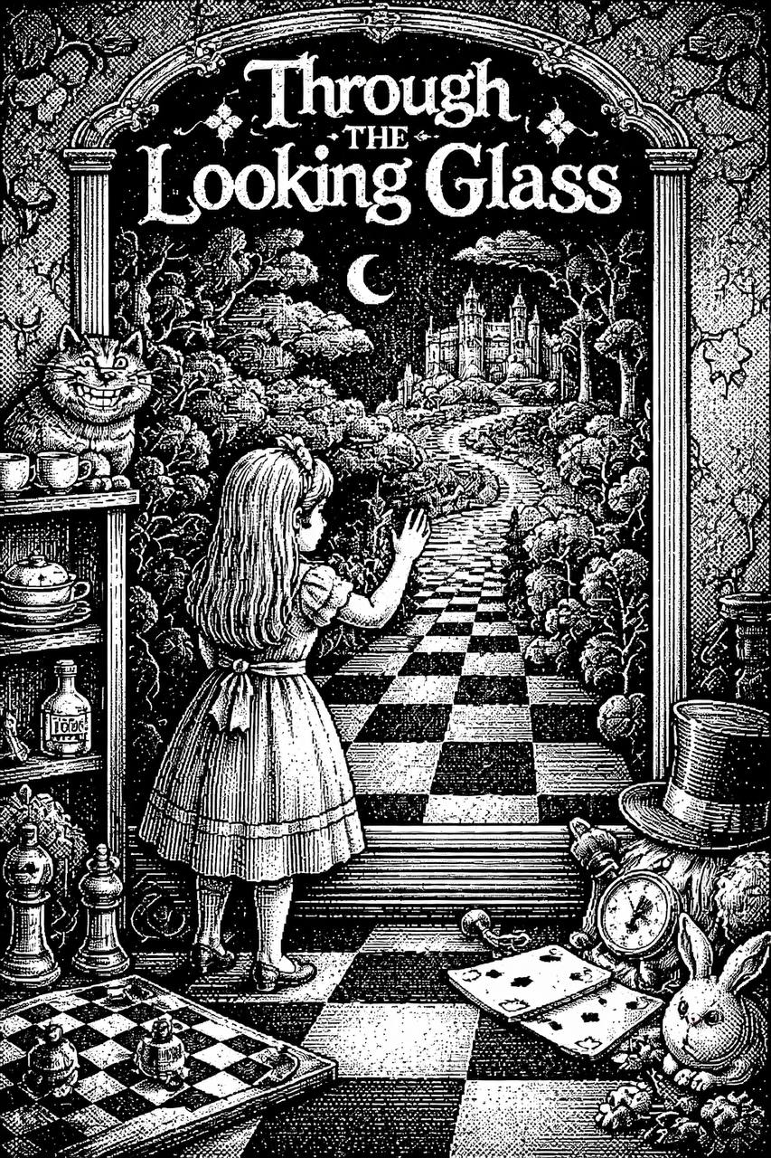 Black-and-white illustration of Alice stepping through an ornate looking glass toward a chessboard landscape
